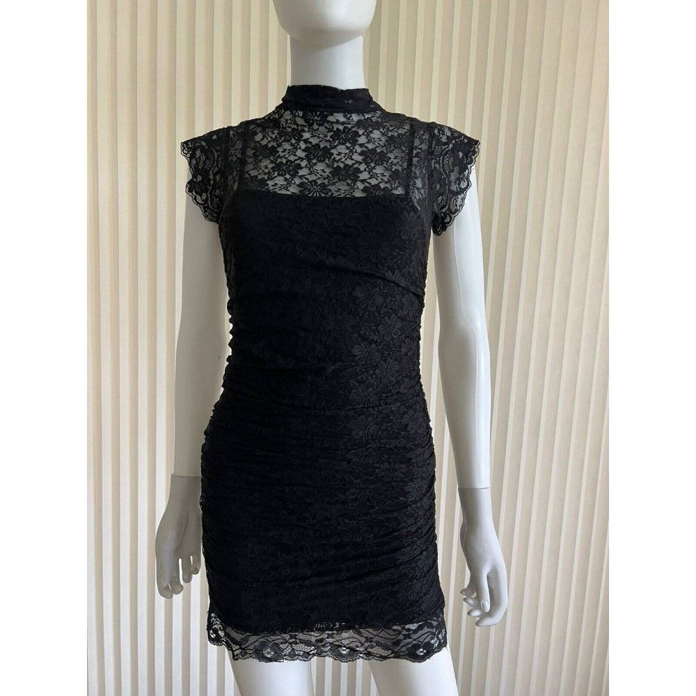 Love Spray  Women's Dress Lace Mini Pencil Turtleneck Cap Sleeve Zipper Size XS